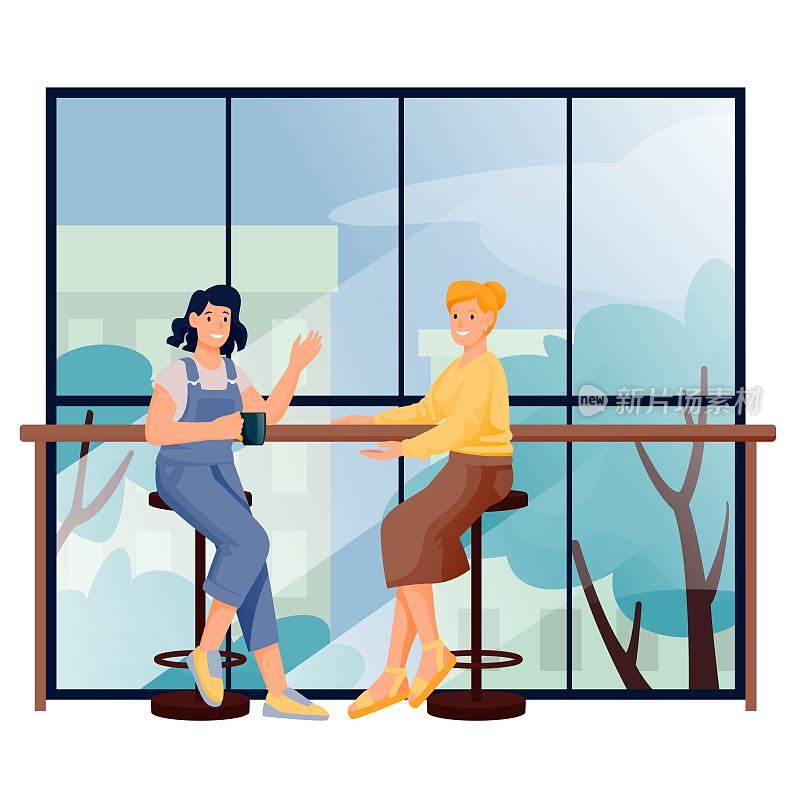 Young women in cafe talking. Interior design of modern cafeteria vector illustration. Two happy girls sitting on chairs at table with cup of coffee or tea chatting together